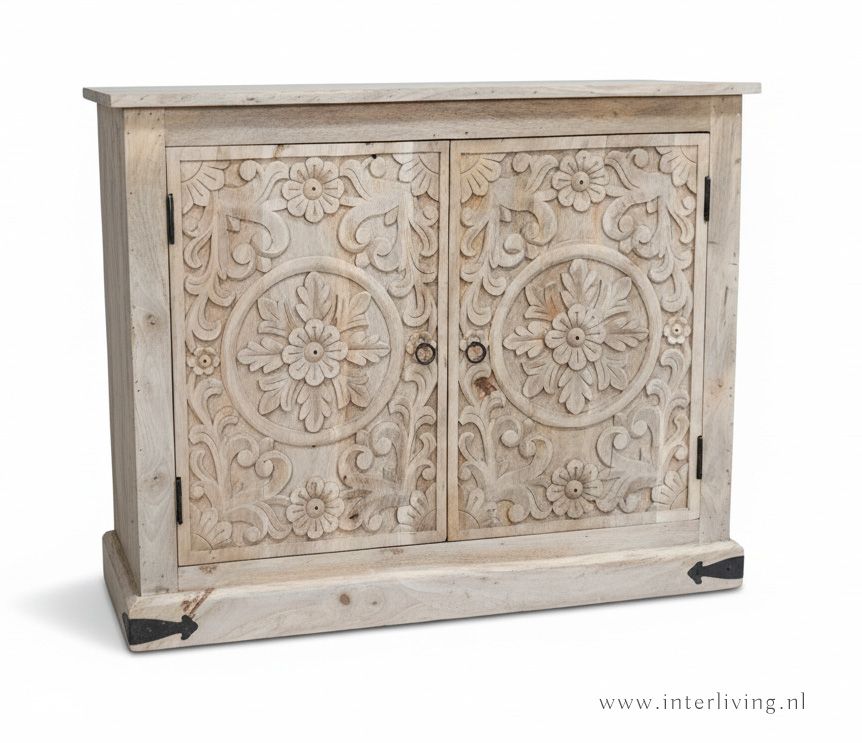 Kast van naturel mangohout met lotus houtsnijwerk - op plint - 100 x 80 x 50 cm