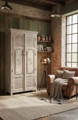 Ibiza cupboard / solid high weathered wooden cupboard grey washed 180*90*40 cm with old shutters and woodcarving