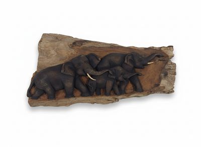 Olifanten wand paneel van houtsnijwerk: ornament voor aan de muur ter decoratie - naturel met zwart
