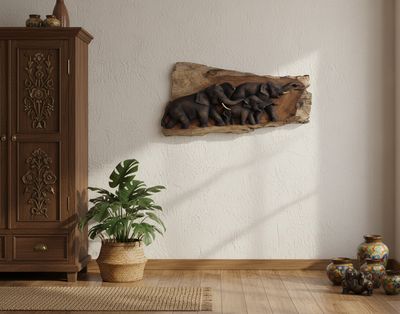Olifanten wand paneel van houtsnijwerk: ornament voor aan de muur ter decoratie - naturel met zwart
