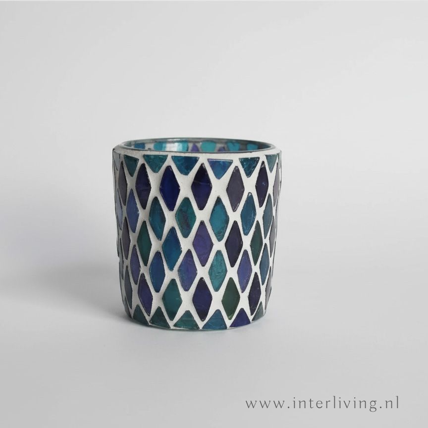 waxinehouder - blauw -symmetrisch ruitpatroon  - klein model - prijs per stuk