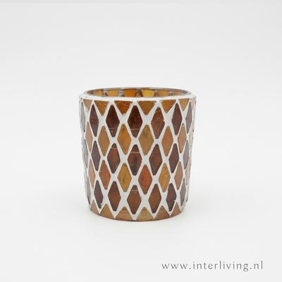 waxinehouder - bruin/beige -symmetrisch ruitpatroon  - klein model - prijs per stuk