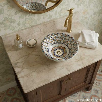 Marokkaanse waskom voor badkamer wastafel - kleurrijke patronen (nr M601) - aardewerk (opbouw) wasbak uit Fez - Ø 35 cm