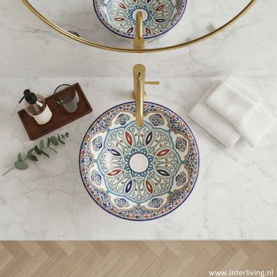 Marokkaanse waskom met gekleurde patronen (nr L613) - aardewerk (opbouw) wasbak uit Fez - Ø 40 cm