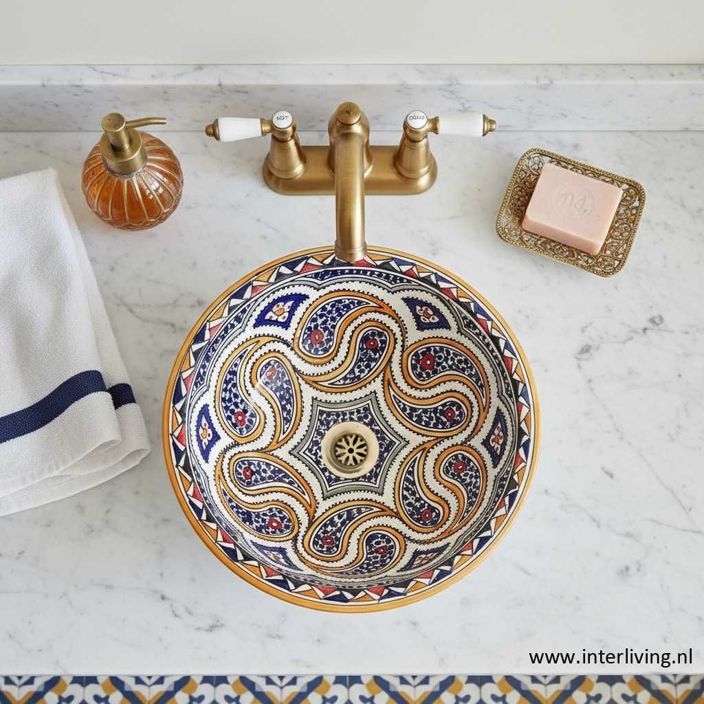 Marokkaanse waskom met gekleurde patronen - oranje rand -  (nr L653) - aardewerk (opbouw) wasbak uit Fez - Ø 40 cm