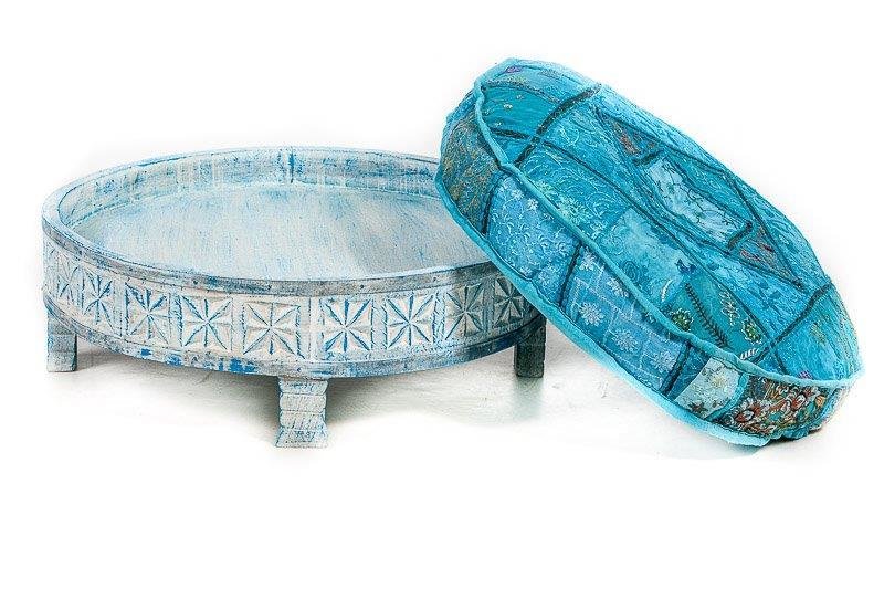 houten gekerfde chakki tafel uit India - blue washed