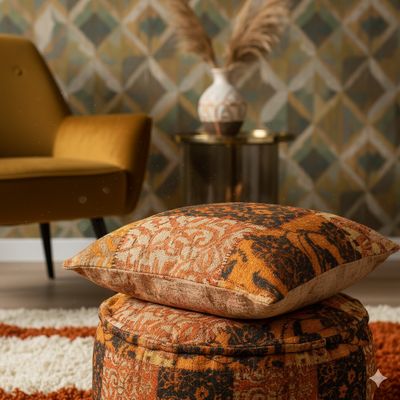 Poef vintage kelim design tapijt stof - Marokkaans / Turkse stijl in oranje / warm geel / wit en bruin print - rond model oosterse ottoman