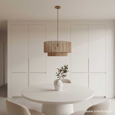 hanglamp "Leora" cilindrisch model kap - naturel - twee ronde lagen geweven jute touw - eco design - beige nude tinten - japandi sfeerlamp