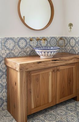 Marokkaanse waskom "M629"- aardewerk (opbouw) wasbak uit Fez - Ø 35 cm - helder blauw motief