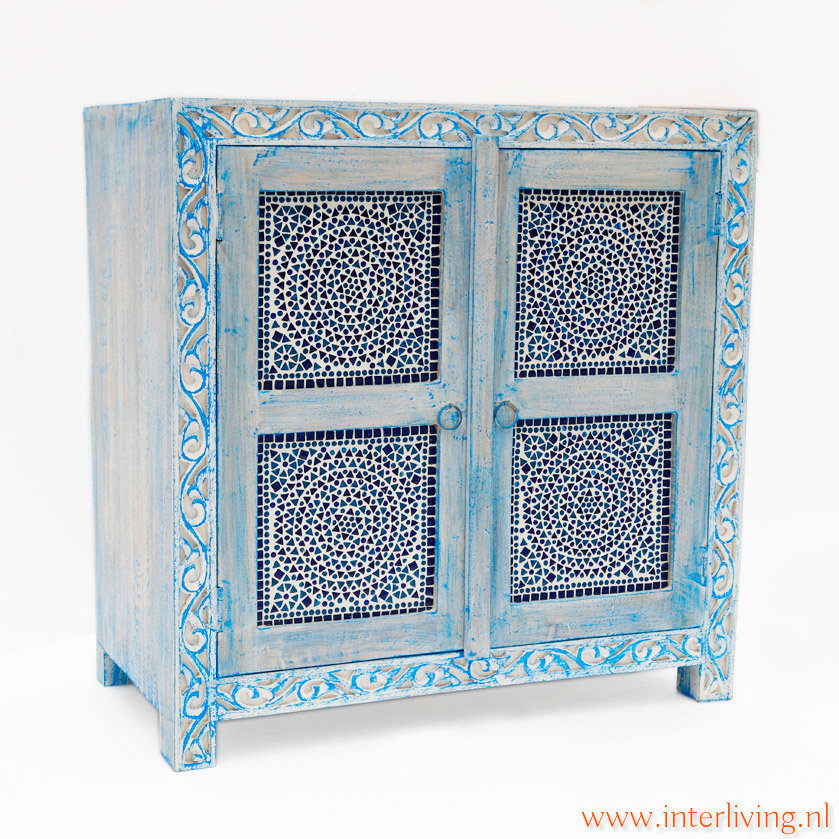 2 deurs kast mangohout - blue washed - met blauwe mozaïek panelen