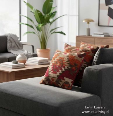 kussen kelim vintage stijl - velvet design - rode terra tinten