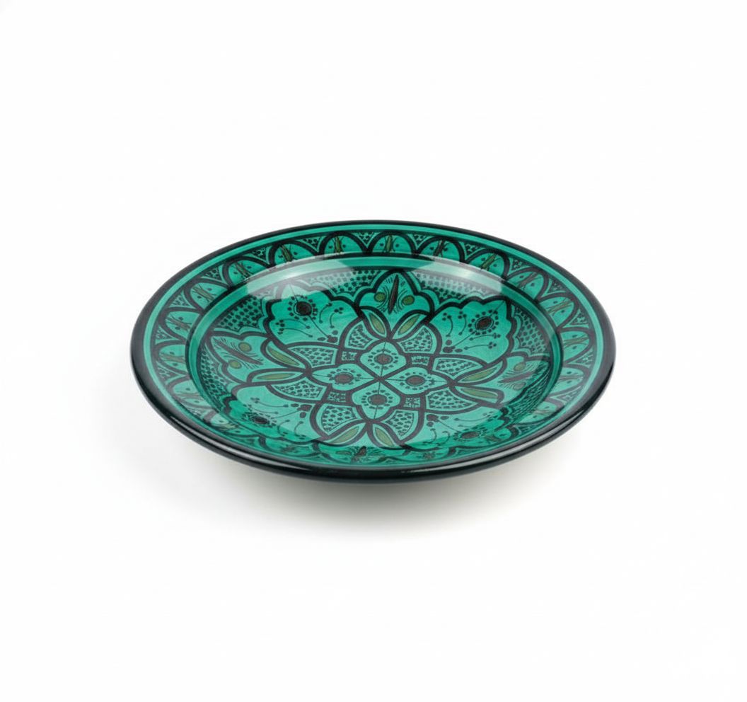 Schaal van Marokkaanse rond aardewerk uit Safi - handgemaakt 35 cm keramiek met handbeschilderde geometrische patronen Schaal van Marokkaanse rond aardewerk uit Safi - handgemaakt 35 cm keramiek met handbeschilderde geometrische patronen, letter keuze: schaal / bord A