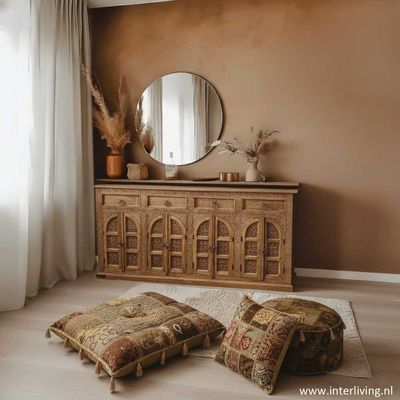 poef patchwork rond model - 25 cm -  olijf - groen met bruin/beige tinten