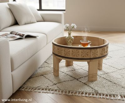 houten gekerfde chakki tafel uit India - 40 cm - naturel