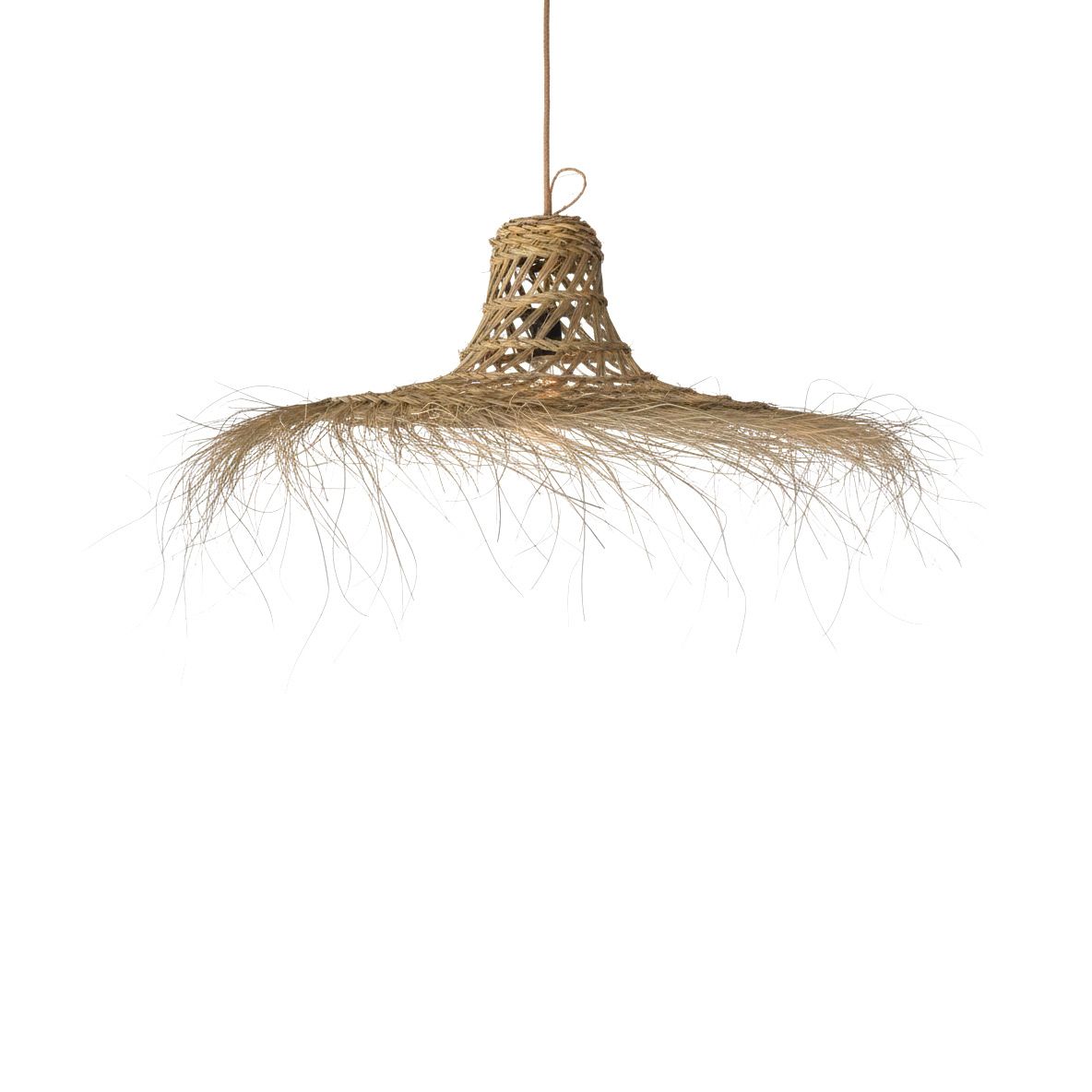 Stro &amp; Zeegras open geweven hanglamp met franjes &quot;Ibiza hoed&quot; handgemaakt uit Marokko - Wabi Sabi &amp; Boho style -  natuurlijk wonen