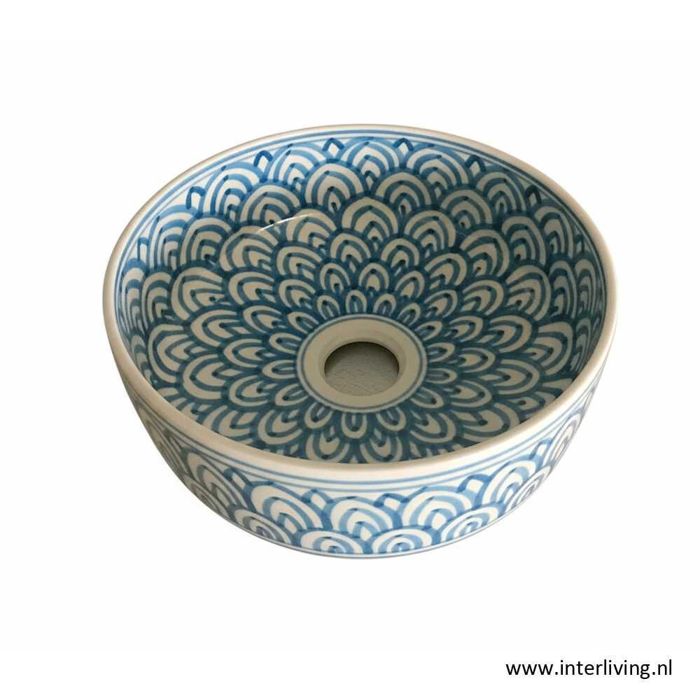 Handgemaakte Marokkaanse Keramische Waskom – Blauw Geometrisch Motief &quot;Rabie&quot;- aardewerk Ø 35 cm