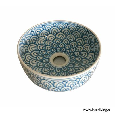 Handgemaakte Marokkaanse Keramische Waskom – Blauw Geometrisch Motief "Rabie"- aardewerk Ø 35 cm