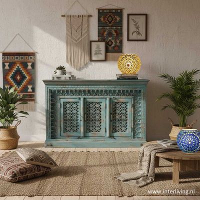 antiek stijl Jodhpur dressoir of lage kast van mango hout uit India - vintage licht blauw - 152 (b)*41 (d)*102 (l) cm