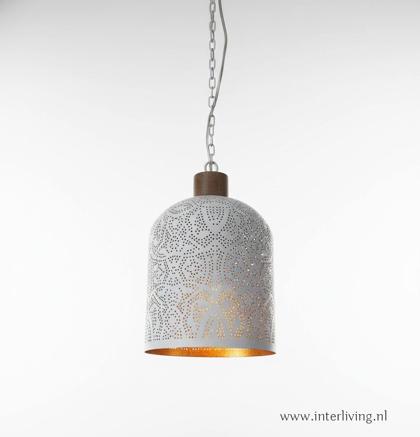 strakke hanglamp met oosterse touch &quot;Bell&quot; - filigrain design - wit mat metaal &amp; verweerd goud met hout afwerking