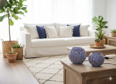 Bol model tafellamp van blauw &amp; aqua glas met sfeervol mozaiek design
