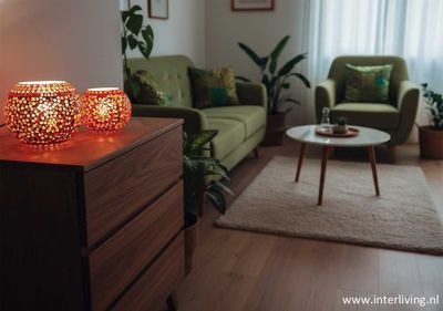 Bol model tafellamp van retro rood oranje geel glas mozaiek design