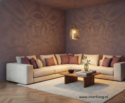strakke hanglamp met oosterse touch "Bell" - filigrain design - verweerd goud met hout afwerking