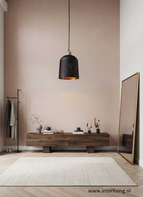 strakke hanglamp met oosterse touch "Bell" - filigrain design - zwart mat metaal &amp; verweerd goud met hout afwerking