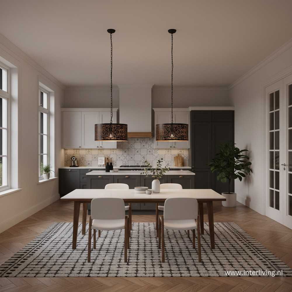 lampenkap Filigrain -  zwart model cilinder hanglamp met open onderkant -binnenkant vintage koper Ø 30 cm / 20 cm hoog &amp; bovenkant dicht - scandi bo stijl