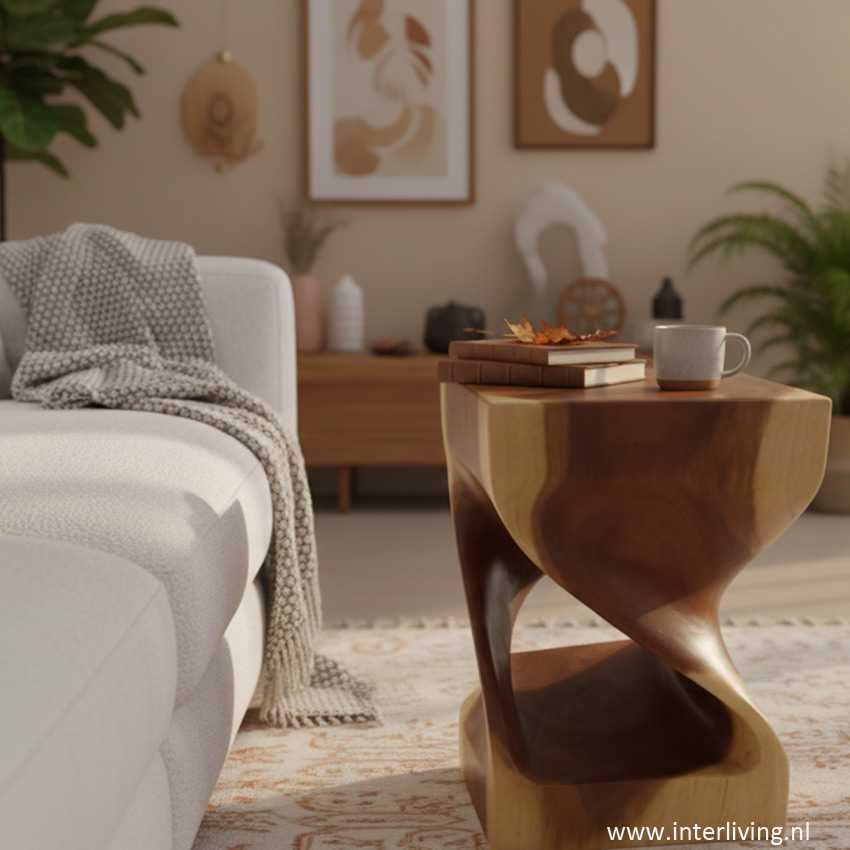 sculpted  houten side-table vorm zandloper twist 45 x 30 x 30 cm