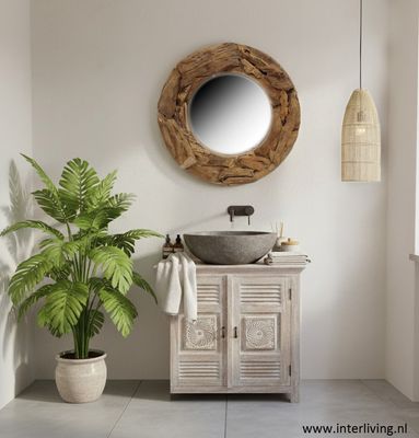 Boho spiegel rond van eco driftwood - naturel teakhout -  60 cm
