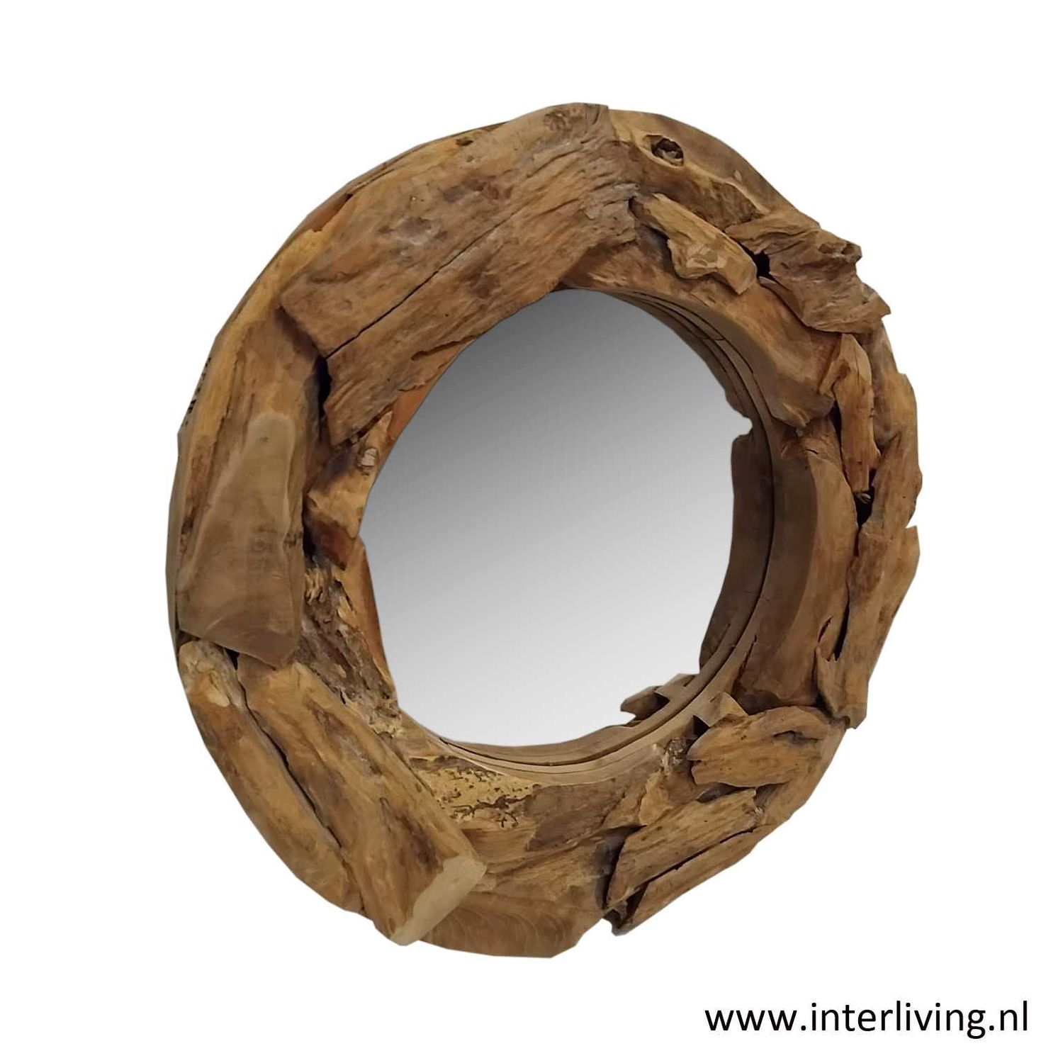 Boho spiegel rond van eco driftwood - naturel teakhout -  60 cm