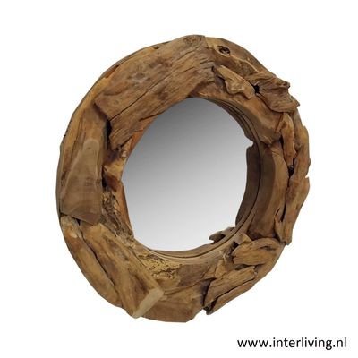 Boho spiegel rond van eco driftwood - naturel teakhout -  60 cm