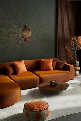 Marokkaanse poef rond - oranje met ecru &amp; goud tinten - geweven geometrische  jacquard patronen - pom pom rand - Ø 50 cm