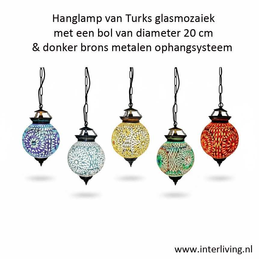 Oosterse mozaiek hanglamp "habibi" - glazen bol van 20 cm - Turks mozaïek patroon - Marokkaans Marrakesh vibe - donker brons metaal ophangsysteem