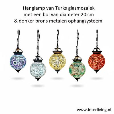 Oosterse mozaiek hanglamp "habibi" - glazen bol van 20 cm - Turks mozaïek patroon - Marokkaans Marrakesh vibe - donker brons metaal ophangsysteem