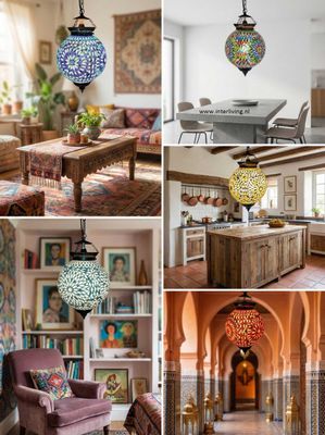 Oosterse mozaiek hanglamp "habibi" - glazen bol van 20 cm - Turks mozaïek patroon - Marokkaans Marrakesh vibe - donker brons metaal ophangsysteem