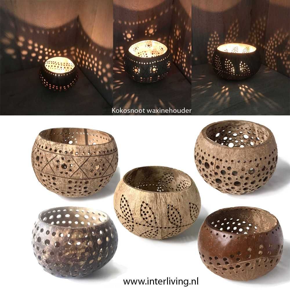 set van 5 kokosnoot kaarshouders - 5 verschillende filigrain patronen - eco windlichten van een 1/2 coconut - duurzame Bali style