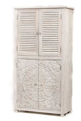 oosterse buffet of vitrine kast uit India van mangohout - white washed - met lotus houtsnijwerk en lamellen