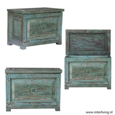 dekenkist "Maharadja" van gegraveerd mangohout in vintage India jaipur turquoise blue - opbergmeubel / bijzet-tafel