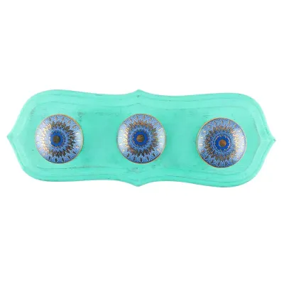 kapstok " pauwenogen"  - wand model van fel aqua mangohout - met drie keramische knopjes