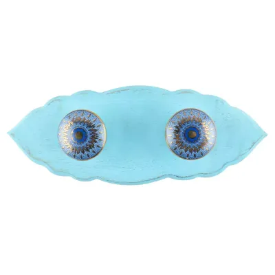 kapstok "pauwenogen" - wand model van turquoise  mangohout - met twee keramische knopjes