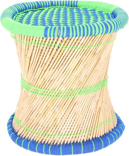 Grote Indiase rieten kruk, bamboe kruk, poef, opbergmand - groen/kleurrijk - 38x40x40 cm