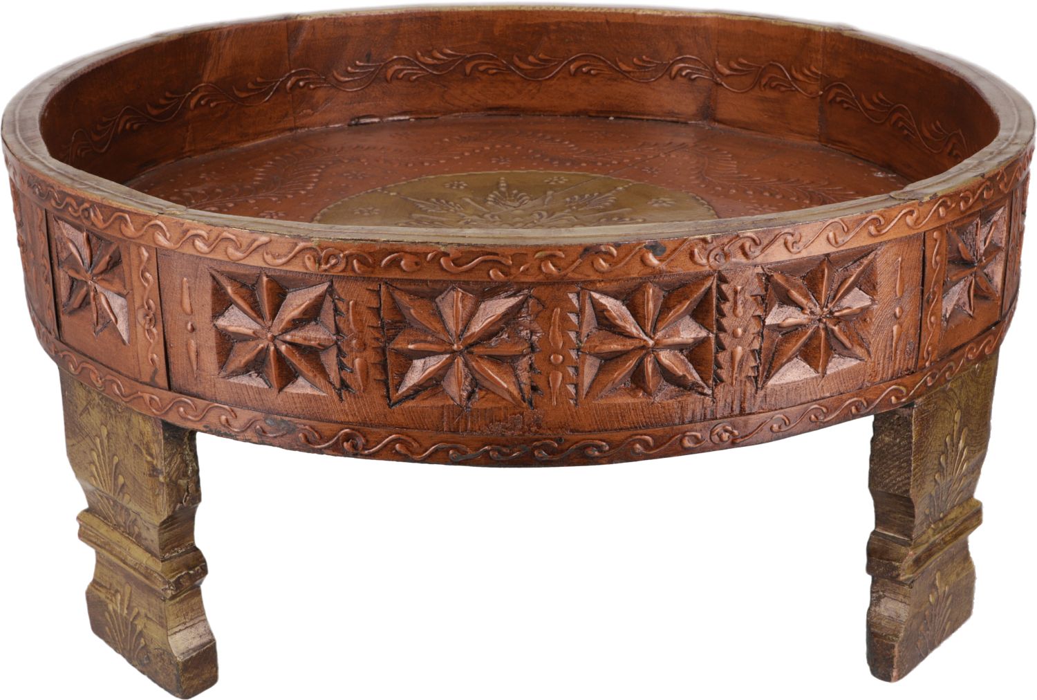 houten gekerfde chakki tafel uit India - donker geverfd hout