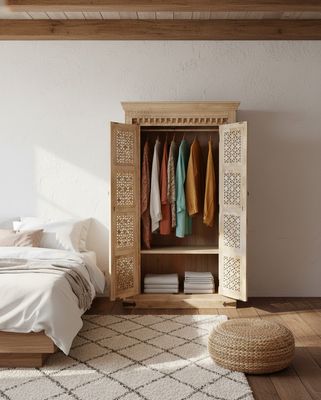 Kast XL -  kledingkast - naturel massief mango hout - Jodhpur houtsnijwerk paneeldeuren uit Rajasthan India - hoog model -190*110*60 cm met roede en planken