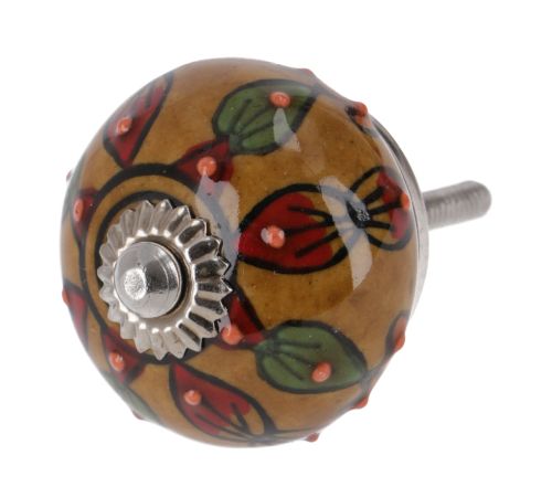 Decoratieve deurknop van keramiek - bruin met rood/groen