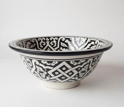 Marokkaanse waskom "M306"- aardewerk (opbouw) wasbak uit Fez - Ø 35 cm met zwart wit motief