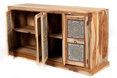 TV kast / dressoir van sheesamhout unfinished look met glasmozaiek