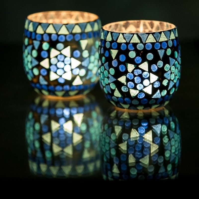 Twee stuks waxinehouders blauw mozaiek