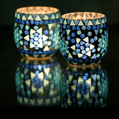 Twee stuks waxinehouders blauw mozaiek