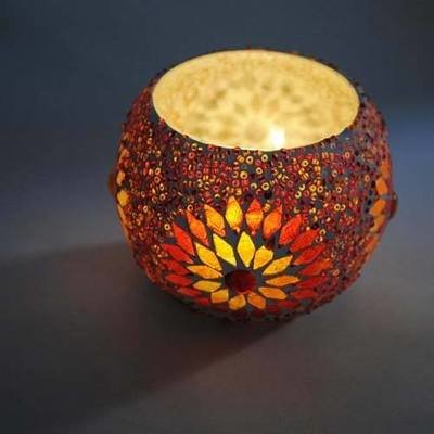 Waxinehouder mozaïek & kralen rood en oranje - 15 cm